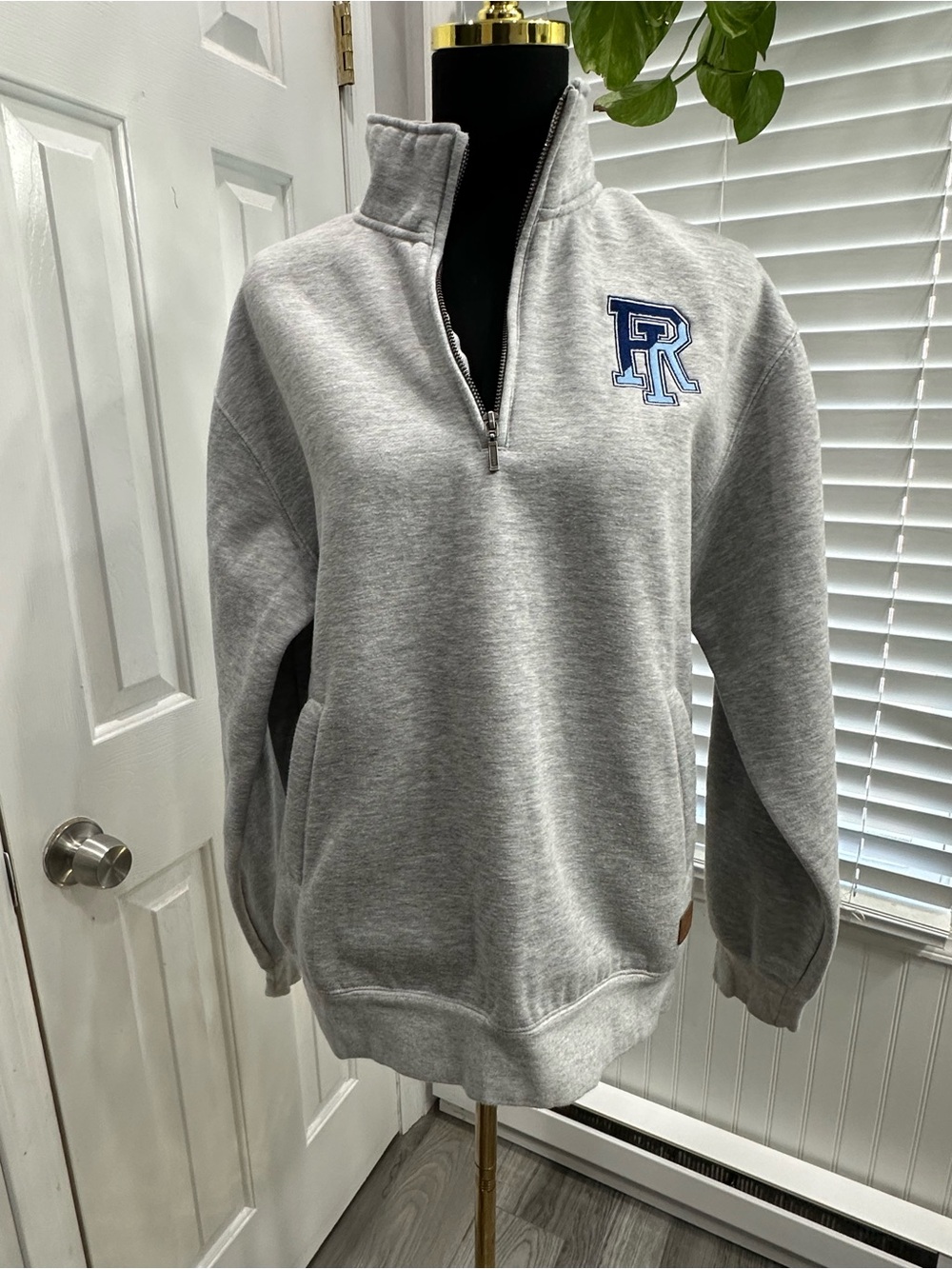 Heather Gray Quarter-Zip Sweatshirt with Blue patch